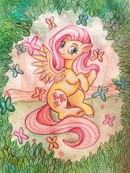 Size: 1280x1712 | Tagged: safe, artist:bartholomaei, fluttershy, butterfly, pony, g4, leaves, solo, traditional art, watercolor painting