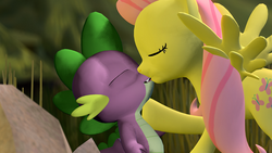 Size: 1192x670 | Tagged: safe, artist:gmodspikeplz, fluttershy, spike, pegasus, pony, g4, 3d, eyes closed, female, gmod, interspecies, kiss on the lips, kissing, male, mare, ship:flutterspike, shipping, spikelove, spread wings, straight, wings