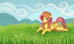 Size: 2732x1633 | Tagged: safe, artist:bartholomaei, fluttershy, pegasus, pony, g4, alternate hairstyle, braid, female, floppy ears, floral head wreath, flower, flower in hair, grass, mare, mountain, prone, scenery, sky, smiling, solo