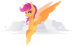 Size: 1280x795 | Tagged: safe, artist:ryrxian, scootaloo, pegasus, pony, g4, adult, cloud, deviantart watermark, female, lineless, mare, obtrusive watermark, scootaloo can fly, simple background, transparent background, watermark