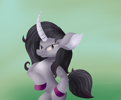 Size: 1800x1500 | Tagged: safe, artist:huffy26, oleander (tfh), classical unicorn, pony, unicorn, them's fightin' herds, atg 2019, cloven hooves, community related, curved horn, female, gradient background, horn, leonine tail, lineless, newbie artist training grounds, oleander is not amused, solo, unshorn fetlocks