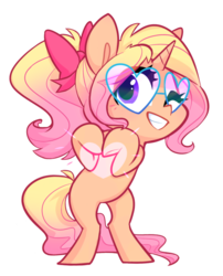 Size: 600x744 | Tagged: safe, alternate version, artist:meekcheep, oc, oc only, oc:starstruck, pony, unicorn, blonde mane, bow, grin, hair bow, heart, heart hands, one eye closed, purple eyes, rearing, simple background, smiling, solo, sunglasses, tan coat, transparent background, wink