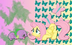 Size: 900x563 | Tagged: safe, artist:alicehumansacrifice0, fluttershy, spike, butterfly, dragon, pegasus, pony, g4, concerned, cutie mark, female, looking at each other, male, mare, ship:flutterspike, shipping, sick, straight, wallpaper