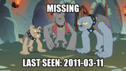 Size: 1280x720 | Tagged: safe, edit, edited screencap, screencap, fido, rover, spot, diamond dog, a dog and pony show, g4, caption, image macro, missing, text, they wasted a perfectly good character
