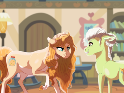 Size: 4000x3000 | Tagged: safe, artist:venommocity, granny smith, pear butter, pony, g4, looking at each other, mother and daughter-in-law, open mouth, raised hoof, smiling, smirk, story included, younger
