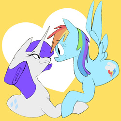 Size: 922x919 | Tagged: artist needed, safe, rainbow dash, rarity, pony, g4, female, heart, hoof hold, lesbian, looking at each other, mare, ship:raridash, shipping, simple background, yellow background