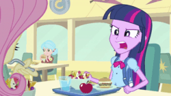 Size: 900x506 | Tagged: safe, screencap, fluttershy, twilight sparkle, equestria girls, g4, my little pony equestria girls, animated, apple, burger, eating, female, food, humans doing horse things, mouth hold, salad