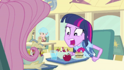 Size: 900x506 | Tagged: safe, screencap, twilight sparkle, equestria girls, g4, my little pony equestria girls, animated, apple, burger, eating, female, food, humans doing horse things, mouth hold, salad, solo