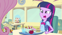 Size: 900x506 | Tagged: safe, screencap, twilight sparkle, equestria girls, g4, my little pony equestria girls, apple, burger, eating, female, food, gif, non-animated gif, salad, solo