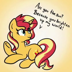 Size: 2100x2100 | Tagged: safe, artist:sjart117, part of a set, sunset shimmer, pony, unicorn, g4, bad pickup line, female, flirting, high res, looking back, mare, pickup lines, prone, smiling, solo, speech, underhoof