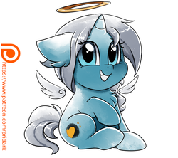 Size: 2885x2560 | Tagged: safe, artist:pridark, oc, oc only, oc:blue moon, pony, unicorn, female, filly, floppy ears, halo, high res, looking at you, patreon, patreon logo, patreon reward, raised hoof, sitting, smiling, solo, wings