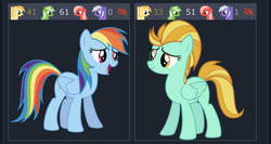 Size: 750x400 | Tagged: safe, artist:vladimirmacholzraum, derpibooru exclusive, lightning dust, rainbow dash, oc, oc:comment, oc:downvote, oc:favourite, oc:upvote, pegasus, pony, derpibooru, g4, derpibooru family, derpibooru ponified, female, looking at each other, mare, meta, ponified, vector