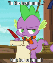 Size: 357x426 | Tagged: safe, edit, edited screencap, screencap, spike, g4, ppov, dialogue, gif, lifejacket, male, non-animated gif, quill, scroll, solo, text, unamused