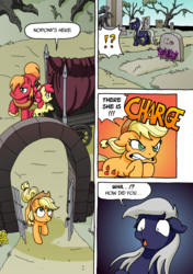 Size: 1199x1700 | Tagged: safe, artist:tarkron, apple bloom, applejack, big macintosh, oc, oc:tara, earth pony, pony, comic:ghosts of the past, g4, apple siblings, comic, dialogue, exclamation point, female, filly, floppy ears, graveyard, interrobang, male, mare, onomatopoeia, question mark, shocked, stallion, wagon