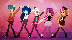 Size: 1938x1080 | Tagged: safe, artist:galacticflashd, oc, oc:amethyst sapphire, oc:dylan rapid, oc:foxy elspet, oc:lavender floralis, oc:styler selvano, equestria girls, g4, amethystbetes, boots, clothes, cute, dancing, ears, female, flower, group, helping twilight win the crown, high heel boots, male, ocbetes, pantyhose, ponied up, shoes, skirt, smiling, socks, tail, thigh highs