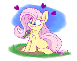 Size: 1280x1024 | Tagged: safe, artist:heir-of-rick, fluttershy, pegasus, pony, g4, :t, atg 2019, brush, brushie, cute, female, floating heart, frown, heart, hidden cane, mare, newbie artist training grounds, pokémon, shyabetes, simple background, sitting, solo, white background, wide eyes, wingless