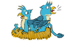 Size: 1400x800 | Tagged: safe, artist:horsesplease, gallus, oc, oc:megawatt, oc:pecker, oc:pincer, griffon, g4, behaving like a bird, behaving like a chicken, behaving like a rooster, chickub, crowing, female, gallgall, gallina, gallina the hen, gallus the rooster, griffon oc, male, multeity, nest, offspring, parent:gallina, parent:gallus, parents:gallgall, parents:selfcest, product of selfcest, rule 63, self griffondox, self paradox, self ponidox, selfcest, shipping, straight