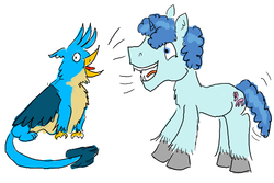 Size: 1200x800 | Tagged: safe, artist:horsesplease, gallus, party favor, g4, barking, behaving like a dog, behaving like a rooster, blue, crowing, doggie favor, gallus the rooster