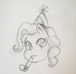 Size: 407x396 | Tagged: safe, artist:jaegerjaques, pinkie pie, earth pony, pony, g4, black and white, cute, disembodied head, female, grayscale, hat, head, manga, monochrome, party hat, party horn, portrait, sketch, smiling, solo, traditional art