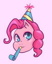 Size: 662x802 | Tagged: safe, artist:jaegerjaques, pinkie pie, earth pony, pony, g4, blue eyes, disembodied head, female, happy, hat, head, manga, party hat, party horn, pink, portrait, smiling, solo