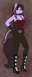 Size: 1071x2502 | Tagged: safe, artist:dyonys, derpibooru exclusive, oc, oc only, oc:violet strike, earth pony, anthro, belt, choker, clothes, corset, female, gloves, high heels, leggings, palindrome get, shoes, steampunk