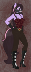 Size: 1071x2502 | Tagged: safe, alternate version, artist:dyonys, derpibooru exclusive, oc, oc only, oc:violet strike, earth pony, anthro, abstract background, belt, choker, clothes, corset, female, gloves, high heels, leggings, mask, shoes, steampunk