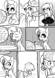 Size: 1493x2125 | Tagged: safe, artist:provolonepone, applejack, rarity, earth pony, pony, unicorn, comic:a sapphic story, g4, carousel boutique, clothes, comic, crying, cute, dress, implied lesbian, jackabetes, looking down, monochrome, raribetes