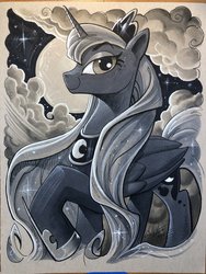 Size: 1536x2048 | Tagged: safe, artist:andypriceart, princess luna, alicorn, pony, g4, colored pencil drawing, female, jewelry, looking at you, mare, marker drawing, moon, regalia, smiling, solo, toned paper, traditional art