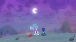 Size: 1920x1080 | Tagged: safe, screencap, princess celestia, princess luna, alicorn, pony, between dark and dawn, g4, crescent moon, duo, ethereal mane, female, mare, moon, royal sisters, shooting star, sitting