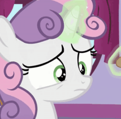 Size: 275x270 | Tagged: safe, screencap, sweetie belle, pony, g4, on your marks, angry, animated, cropped, female, glowing horn, horn, solo