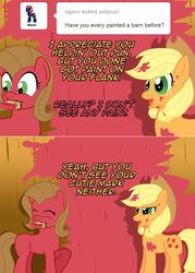 Size: 1148x1602 | Tagged: safe, artist:ladyanidraws, applejack, oc, oc:pun, earth pony, pony, ask pun, g4, ask, comic, duo, duo female, female, mare, mouth hold, paint
