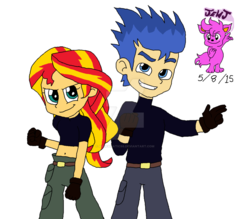 Size: 1024x896 | Tagged: safe, artist:stella-exquisa, flash sentry, sunset shimmer, equestria girls, g4, clothes, cosplay, costume, crossover, female, kim possible, male, ron stoppable, ship:flashimmer, shipping, straight