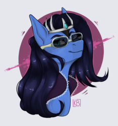 Size: 1643x1755 | Tagged: safe, artist:karamboll, oc, oc only, earth pony, pony, blue skin, bust, commission, crown, jewelry, long hair, portrait, regalia, smiling, solo, sunglasses