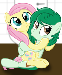Size: 898x1083 | Tagged: safe, artist:grapefruitface1, fluttershy, wallflower blush, earth pony, pegasus, pony, g4, awkward moment, caught, crack shipping, cute, cutie mark, equestria girls ponified, female, flutterblush, hug, lesbian, looking at you, ponified, shipping, show accurate, shyabetes, toilet, updated