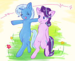 Size: 800x650 | Tagged: safe, artist:guidomista, starlight glimmer, trixie, unicorn, semi-anthro, g4, arm hooves, armpits, bipedal, blue, cute, eyes closed, female, flower, friends, friendship, grin, horn, human shoulders, looking at each other, mare, multicolored hair, open mouth, platonic, purple, simple background, smiling, standing, striped mane, walking