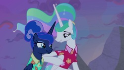 Size: 1920x1080 | Tagged: safe, screencap, princess celestia, princess luna, alicorn, pony, between dark and dawn, g4, alternate hairstyle, clothes, female, hawaiian shirt, jewelry, looking at each other, looking at someone, mare, nudge, ponytail, regalia, shirt, siblings, sisters, smiling, smiling at each other