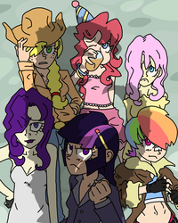 Size: 1024x1280 | Tagged: safe, artist:shrimpshogun, derpibooru exclusive, applejack, fluttershy, pinkie pie, rainbow dash, rarity, twilight sparkle, human, fanfic:friendship is quantum infinite, g4, fanfic, fanfic art, fanfic cover, humanized, mane six