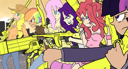 Size: 1024x558 | Tagged: safe, artist:shrimpshogun, derpibooru exclusive, applejack, fluttershy, pinkie pie, rainbow dash, rarity, twilight sparkle, human, g4, bow (weapon), fanfiction idea, gun, humanized, mane six, minigun, pencil, rifle, rocket launcher, sniper rifle, tommy gun, weapon