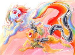Size: 900x670 | Tagged: safe, artist:fleebites, daring do, rainbow dash, pegasus, pony, g4, duo, female, flying, long tail, looking at each other, mare, red eyes