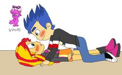 Size: 1024x631 | Tagged: safe, artist:stella-exquisa, flash sentry, sunset shimmer, equestria girls, g4, awkward, blushing, female, male, ship:flashimmer, shipping, straight