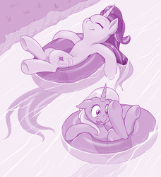 Size: 1280x1404 | Tagged: safe, artist:dstears, starlight glimmer, trixie, pony, unicorn, g4, atg 2019, cute, female, glimmerbetes, inner tube, lazy river, mare, monochrome, newbie artist training grounds, on back, smiling, uh oh, underhoof, water