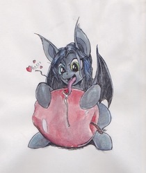 Size: 559x665 | Tagged: safe, artist:scribblepwn3, oc, oc only, oc:lapis, bat pony, fruit bat, pony, apple, bite mark, female, food, fruit, heart, heterochromia, ink, licking, solo, tongue out, traditional art, watercolor painting