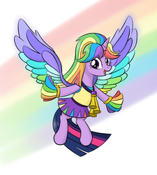 Size: 900x1000 | Tagged: safe, artist:mew-me, twilight sparkle, alicorn, pony, g4, my little pony: rainbow roadtrip, rainbow falls, alternate hairstyle, cheerleader, cheerleader outfit, cheerleader sparkle, clothes, colored wings, cute, female, mare, multicolored wings, open mouth, pleated skirt, pom pom, rainbow, rainbow hair, rainbow wings, skirt, solo, twiabetes, twilight sparkle (alicorn), wig, wing bling, wings