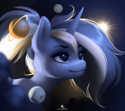 Size: 2126x1890 | Tagged: safe, artist:katputze, oc, oc only, oc:andromeda, pony, commission, female, giant pony, macro, mare, moon, pony bigger than a planet, smiling, solo, space, sun