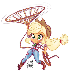 Size: 976x1019 | Tagged: safe, artist:katrina hadley, artist:lunchie, applejack, human, equestria girls, g4, belt, boots, chibi, clothes, cowboy boots, cowboy hat, cowgirl, cute, female, freckles, hat, jeans, lasso, official fan art, pants, rope, signature, simple background, solo, stetson, white background