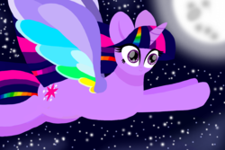 Size: 1500x1000 | Tagged: safe, artist:php185, twilight sparkle, alicorn, pony, g4, my little pony: rainbow roadtrip, colored wings, moon, multicolored wings, night, rainbow wings, stars, twilight sparkle (alicorn), wing bling, wings
