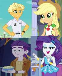Size: 964x1176 | Tagged: safe, artist:brandonale, applejack, dirk thistleweed, ragamuffin (g4), rarity, accountibilibuddies, equestria girls, equestria girls series, g4, spring breakdown, street chic, super squad goals, spoiler:choose your own ending (season 2), spoiler:eqg series (season 2), accountibilibuddies: rainbow dash, comparison, geode of shielding, geode of super strength, magical geodes