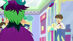 Size: 1920x1080 | Tagged: safe, screencap, curly winds, juniper montage, some blue guy, sophisticata, wiz kid, equestria girls, equestria girls specials, g4, my little pony equestria girls: mirror magic, background human, canterlot mall, clothes, female, juniper monstar, male, pants, scared