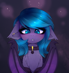 Size: 2418x2537 | Tagged: safe, artist:magnaluna, oc, oc only, oc:belfry towers, bat pony, pony, bat pony oc, blushing, chest fluff, collar, ear tufts, female, floppy ears, high res, lip bite, mare, slit pupils, solo