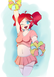 Size: 849x1200 | Tagged: safe, artist:artyfour, pinkie pie, human, g4, alternate hairstyle, belly button, cheerleader, cheerleader outfit, cheerleader pinkie, clothes, cute, diapinkes, female, humanized, midriff, miniskirt, moe, one eye closed, open mouth, pigtails, pixiv, pleated skirt, pom pom, short shirt, skirt, socks, solo, thigh highs, wink, zettai ryouiki